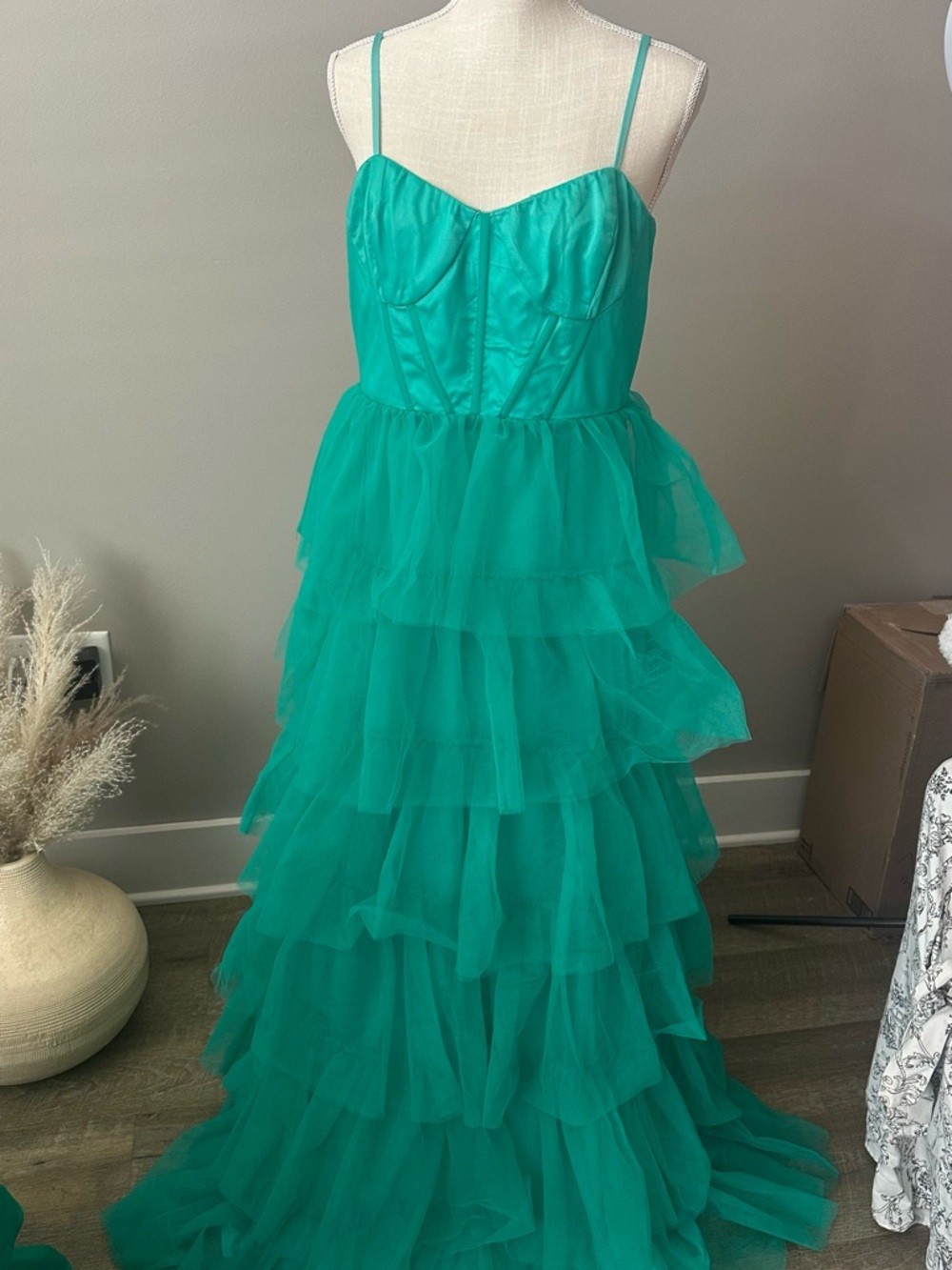 Lulu’s Rule the Runway Teal Green Tulle Bustier Tiered Prom Formal Maxi Dress XL - Picture 3 of 10